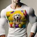 長袖Tシャツ 人間用 メンズ 秋春夏 プリント レジャー アウトドア カジュアル かわいい 犬ファン 蝶 ゴールデンレトリバー イースターエッグ チューリップ 花瓶 黄色い背景