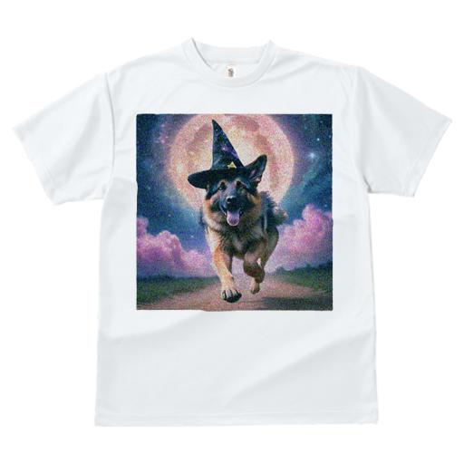 Tシャツ レディース 犬ファン 半袖 春夏 犬柄 プリント カジュアル かわいい 人間用 フィットネス ダンス 魔法帽子 ジャーマンシェパードドッグ 月 雲 夜空