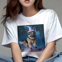 Tシャツ レディース 犬ファン 半袖 春夏 犬柄 プリント カジュアル かわいい 人間用 フィットネス ダンス 魔女の帽子 ジャーマンシェパード 星空 雲(4)