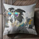 サングラス シェルティ デニムジャケット 都市 カラフル 前向き クッションカバー 45×45cm アニマル柄 おしゃれ 可愛い クッション本体付き 正方形 犬ファン
