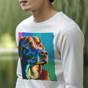 長袖Tシャツ 人間用 メンズ 秋春夏 プリント レジャー アウトドア カジュアル かわいい 犬ファン カラフル ラブラドールレトリバー ポップアート 抽象画 犬 虹色