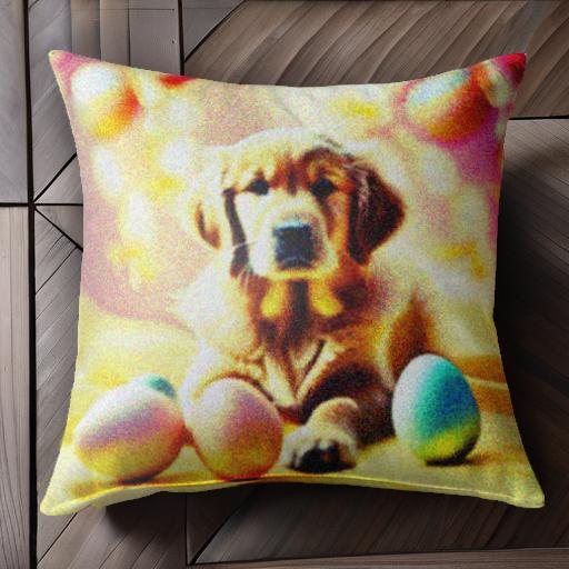 イースターエッグ ゴールデンレトリバー パステルカラー ピンクの背景 黄色の布 クッションカバー 45×45cm アニマル柄 おしゃれ 可愛い クッション本体付き 正方形 犬ファン