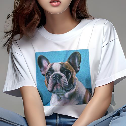 Tシャツ レディース 犬ファン 半袖 春夏 犬柄 プリント カジュアル かわいい 人間用 フィットネス ダンス 青い背景 フレンチブルドッグ