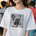 Tシャツ レディース 犬ファン 半袖 春夏 犬柄 プリント カジュアル かわいい 人間用 フィットネス ダンス ポップアート フレンチブルドッグ テキスト シャツデザイン(4)