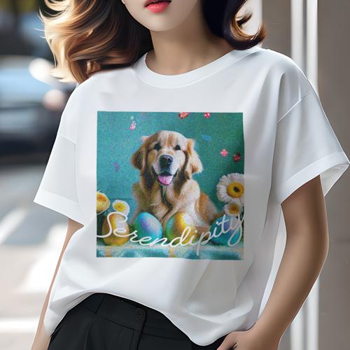 Tシャツ レディース 犬ファン 半袖 春夏 犬柄 プリント カジュアル かわいい 人間用 フィットネス ダンス イースターエッグ ゴールデンレトリバー 花 蝶 幸運(4)