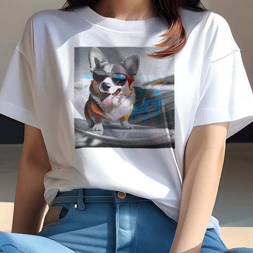 Tシャツ レディース 犬ファン 半袖 春夏 犬柄 プリント カジュアル かわいい 人間用 フィットネス ダンス サングラス ウェルシュコーギーペンブローク サーフボード
