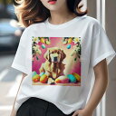 Tシャツ レディース 犬ファン 半袖 春夏 犬柄 プリント カジュアル かわいい 人間用 フィットネス ダンス 花 ゴールデンレトリバー カラフルなたまご ピンクの背景