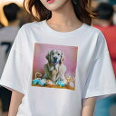 Tシャツ レディース 犬ファン 半袖 春夏 犬柄 プリント カジュアル かわいい 人間用 フィットネス ダンス カラフルなボール ゴールデンレトリーバー ピンクの背景 幸運の言葉(4)