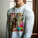 長袖Tシャツ 人間用 メンズ 秋春夏 プリント レジャー アウトドア カジュアル かわいい 犬ファン 花 ゴールデンレトリバー カラフルなたまご ピンクの背景