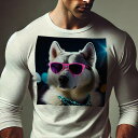 長袖Tシャツ 人間用 メンズ 秋春夏 プリント レジャー アウトドア カジュアル かわいい 犬ファン サングラス シベリアンハスキー ビーズ ネオン 夜