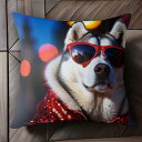 サングラス シベリアンハスキー 夜景 ファッション ドッグコート キラキラ クッションカバー 45×45cm アニマル柄 おしゃれ 可愛い クッション本体付き ...