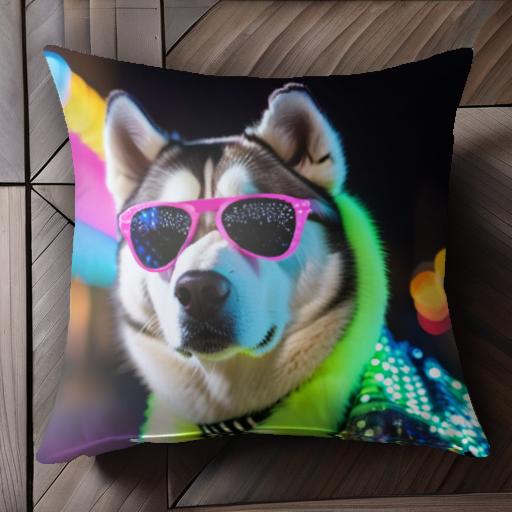 サングラス シベリアンハスキー 派手な服 夜の街 クッションカバー 45×45cm アニマル柄 おしゃれ 可愛い クッション本体付き 正方形 犬ファン