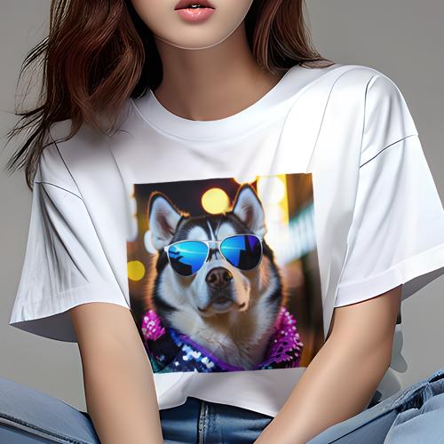 Tシャツ レディース 犬ファン 半袖 春夏 犬柄 プリント カジュアル かわいい 人間用 フィットネス ダンス サングラス シベリアンハスキー 夜 街頭 キラキラ ジャケット
