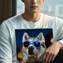 長袖Tシャツ 人間用 メンズ 秋春夏 プリント レジャー アウトドア カジュアル かわいい 犬ファン サングラス ハスキー 夜 街灯