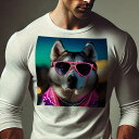 長袖Tシャツ 人間用 メンズ 秋春夏 プリント レジャー アウトドア カジュアル かわいい 犬ファン サングラス シベリアンハスキー ネオンカラー スカーフ