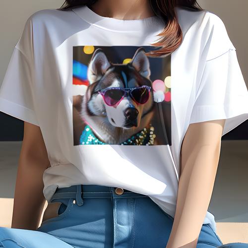 Tシャツ レディース 犬ファン 半袖 春夏 犬柄 プリント カジュアル かわいい 人間用 フィットネス ダンス サングラス シベリアンハスキー ネックレス 夜景 煌びやか