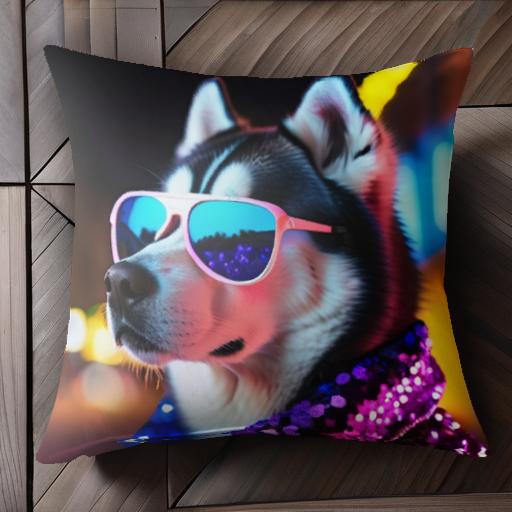 サングラス シベリアンハスキー シーケンシャルジャケット ネオンライト 夜景 クッションカバー 45×45cm アニマル柄 おしゃれ 可愛い クッション本体付き 正方形 犬ファン