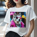 Tシャツ レディース 犬ファン 半袖 春夏 犬柄 プリント カジュアル かわいい 人間用 フィットネス ダンス サングラス シベリアンハスキー 派手な衣装 カラフルなライト ピンク キラキラ(4)