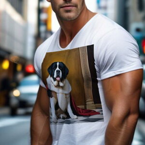 Tシャツ メンズ キッズ 犬ファン 半袖 春夏 犬柄 プリント カジュアル かわいい 人間用 フィットネス ダンス 王冠 セントバーナード マント チェス盤模様の床 金色の背景 豪華な装飾