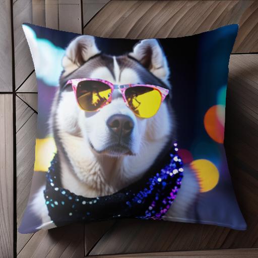 サングラス シベリアンハスキー 夜景 スパンコール クッションカバー 45×45cm アニマル柄 おしゃれ 可愛い クッション本体付き 正方形 犬ファン