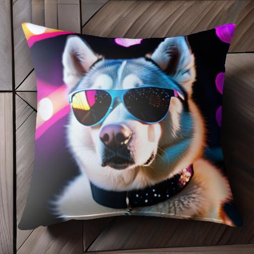 サングラス シベリアンハスキー ネオンサイン 首輪 クッションカバー 45×45cm アニマル柄 おしゃれ 可愛い クッション本体付き 正方形 犬ファン