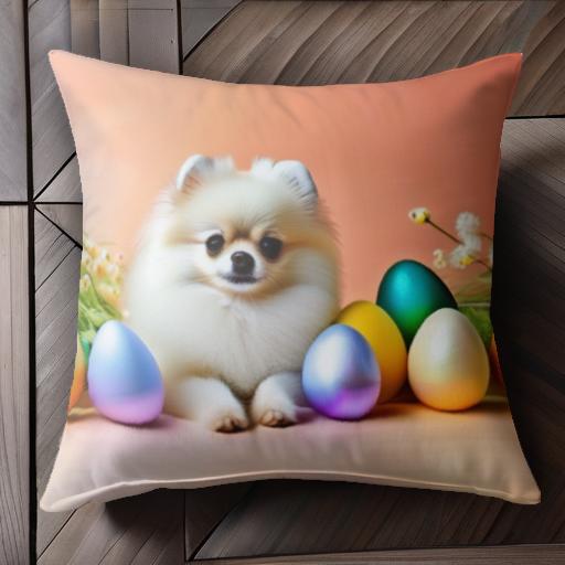 イースターエッグ ポメラニアン 花 カラフル 春 装飾 クッションカバー 45×45cm アニマル柄 おしゃれ 可愛い クッション本体付き 正方形 犬ファン