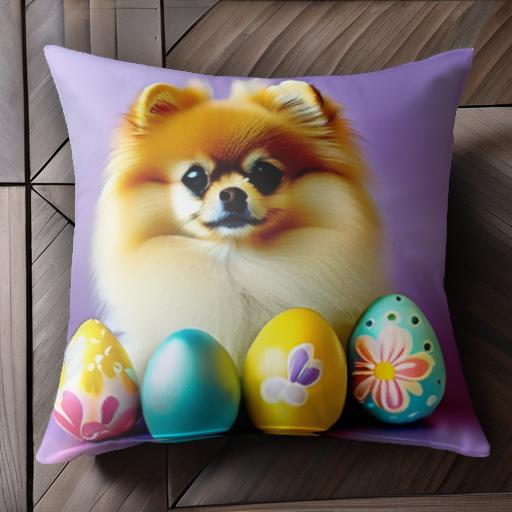 イースターエッグ ポメラニアン パステルカラー 花柄 蝶 装飾 クッションカバー 45×45cm アニマル柄 おしゃれ 可愛い クッション本体付き 正方形 犬ファン