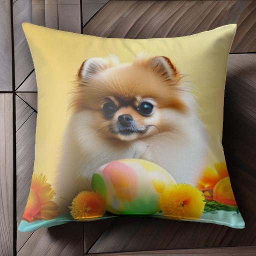 花 ポメラニアン イースターエッグ 黄色の背景 クッションカバー 45×45cm アニマル柄 おしゃれ 可愛い クッション本体付き 正方形 犬ファン