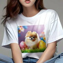 Tシャツ レディース 犬ファン 半袖 春夏 犬柄 プリント カジュアル かわいい 人間用 フィットネス ダンス カラフルなイースターエッグ ポメラニアン 草 花