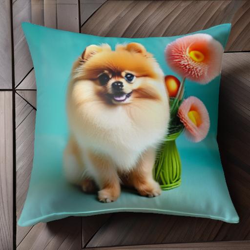 花 ポメラニアン フラワーアレンジメント 笑顔 青い背景 クッションカバー 45×45cm アニマル柄 おしゃ..