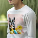長袖Tシャツ 人間用 メンズ 秋春夏 プリント レジャー アウトドア カジュアル かわいい 犬ファン イースターエッグ フレンチブルドッグ ヒマワリ ピンクの背景
