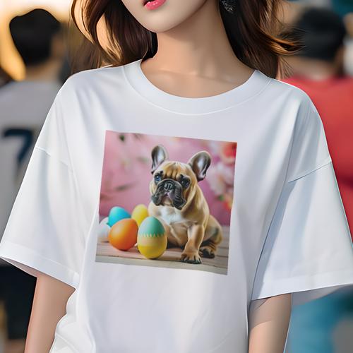 Tシャツ レディース 犬ファン 半袖 春夏 犬柄 プリント カジュアル かわいい 人間用 フィットネス ダンス イースターエッグ フレンチブルドッグ 花 ピンクの背景 Tシャツ レディース 犬ファン 半袖 春夏 犬柄 プリント カジュアル かわいい 人間用 フィットネス ダンス イースターエッグ フレンチブルドッグ 花 ピンクの背景
