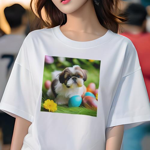 Tシャツ レディース 犬ファン 半袖 春夏 犬柄 プリント カジュアル かわいい 人間用 フィットネス ダンス イースターエッグ シーズー 花 芝生 Tシャツ レディース 犬ファン 半袖 春夏 犬柄 プリント カジュアル かわいい 人間用 フィットネス ダンス イースターエッグ シーズー 花 芝生