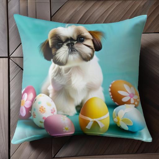 イースターエッグ シーズー 花 リボン クッションカバー 45×45cm アニマル柄 おしゃれ 可愛い クッショ..