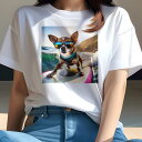 Tシャツ レディース 犬ファン 半袖 春夏 犬柄 プリント カジュアル かわいい 人間用 フィットネス ダンス サーフボード チワワ サングラス 海 波 夕日(4)