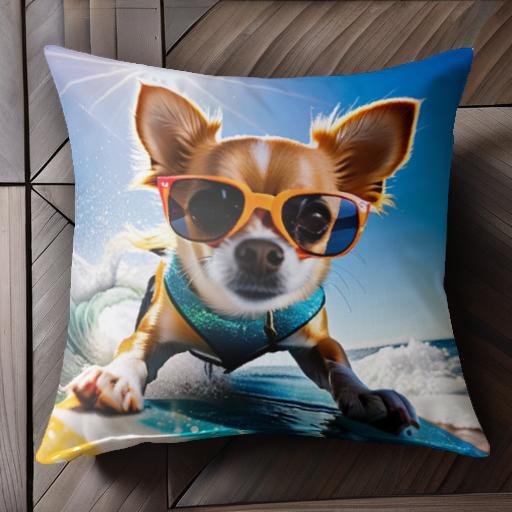 サーフボード チワワ サングラス ビーチ 太陽 波 クッションカバー 45×45cm アニマル柄 おしゃれ 可愛い クッション本体付き 正方形 犬ファン