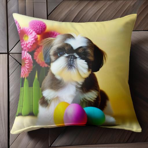 花 シーズー カラフルな卵 黄色の背景 クッションカバー 45×45cm アニマル柄 おしゃれ 可愛い クッショ..