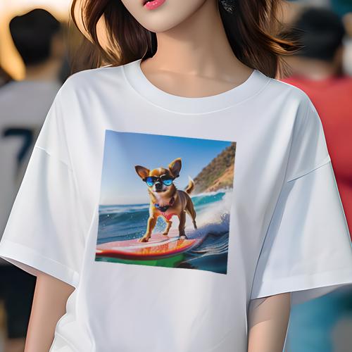 Tシャツ レディース 犬ファン 半袖 春夏 犬柄 プリント カジュアル かわいい 人間用 フィットネス ダンス サングラス チワワ サーフィン 海 青空 波 Tシャツ レディース 犬ファン 半袖 春夏 犬柄 プリント カジュアル かわいい 人間用 フィットネス ダンス サングラス チワワ サーフィン 海 青空 波