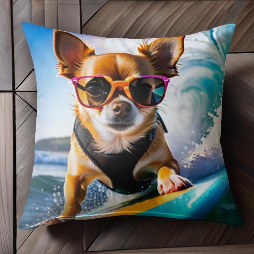 サーフボード チワワ サングラス 海 波 太陽 クッションカバー 45×45cm アニマル柄 おしゃれ 可愛い クッション本体付き 正方形 犬ファン