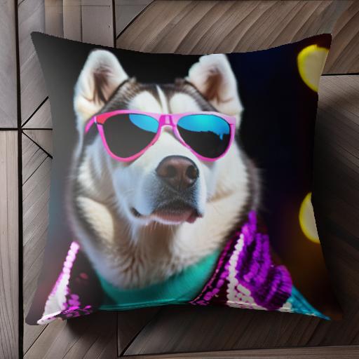 サングラス シベリアンハスキー 派手なジャケット カラフルな背景 ネオンライト クッションカバー 45×45cm アニマル柄 おしゃれ 可愛い クッション本体付き 正方形 犬ファン