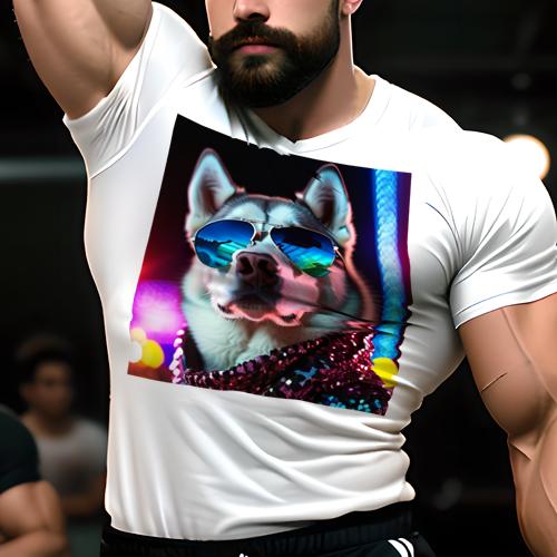 楽天フロントップ楽天市場店Tシャツ メンズ キッズ 犬ファン 半袖 春夏 犬柄 プリント カジュアル かわいい 人間用 フィットネス ダンス サングラス シベリアンハスキー ネオン キラキラ ナイトクラブ