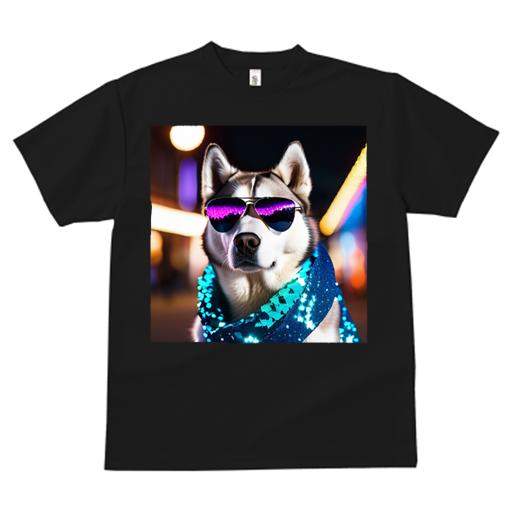 Tシャツ メンズ キッズ 犬ファン 半袖 春夏 犬柄 プリント カジュアル かわいい 人間用 フィットネス ダンス サングラス シベリアンハスキー ネオンライト スカーフ 夜