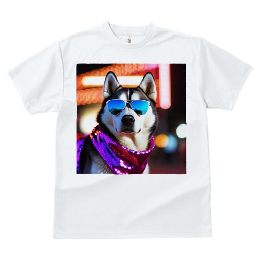 Tシャツ レディース 犬ファン 半袖 春夏 犬柄 プリント カジュアル かわいい 人間用 フィットネス ダンス サングラス シベリアンハスキー スカーフ ネオン 光