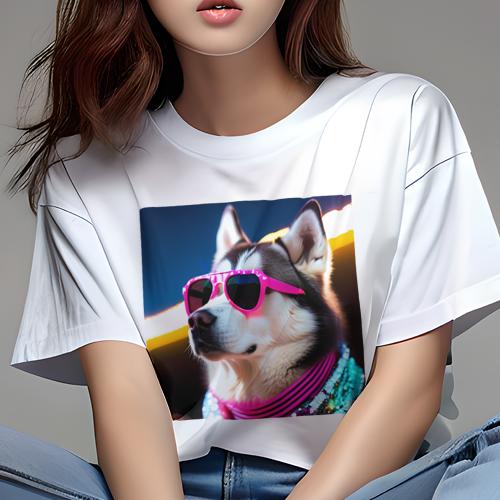 Tシャツ レディース 犬ファン 半袖 春夏 犬柄 プリント カジュアル かわいい 人間用 フィットネス ダンス サングラス シベリアンハスキー カラフル 夜 Tシャツ レディース 犬ファン 半袖 春夏 犬柄 プリント カジュアル かわいい 人間用 フィットネス ダンス サングラス シベリアンハスキー カラフル 夜