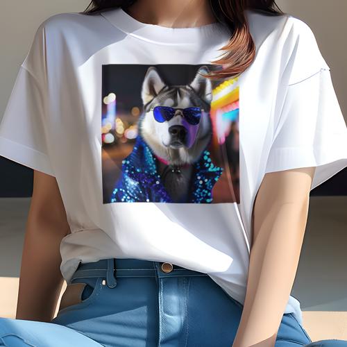 Tシャツ レディース 犬ファン 半袖 春夏 犬柄 プリント カジュアル かわいい 人間用 フィットネス ダンス サングラス シベリアンハスキー ネオン ブルージャケット Tシャツ レディース 犬ファン 半袖 春夏 犬柄 プリント カジュアル かわいい 人間用 フィットネス ダンス サングラス シベリアンハスキー ネオン ブルージャケット