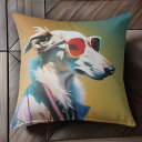 サングラス ボルゾイ コート ビーズネックレス カラフル背景 クッションカバー 45×45cm アニマル柄 おしゃれ 可愛い クッション本体付き 正方形 犬ファ...