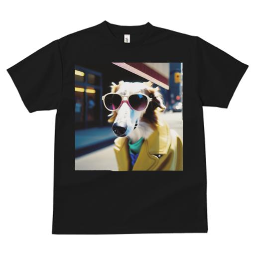 Tシャツ レディース 犬ファン 半袖 春夏 犬柄 プリント カジュアル かわいい 人間用 フィットネス ダンス サングラス ボルゾイ 黄色いコート 街並み