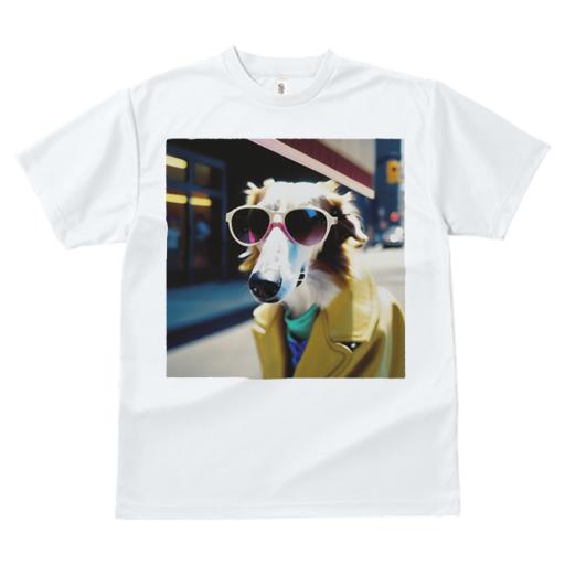 Tシャツ レディース 犬ファン 半袖 春夏 犬柄 プリント カジュアル かわいい 人間用 フィットネス ダンス サングラス ボルゾイ 黄色いコート 街並み