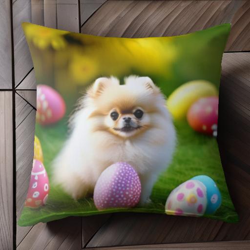 イースターエッグ ポメラニアン 春 草 花 黄色い花 クッションカバー 45×45cm アニマル柄 おしゃれ 可..