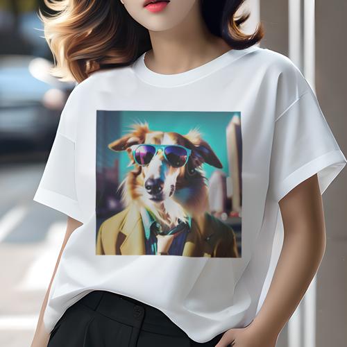 Tシャツ レディース 犬ファン 半袖 春夏 犬柄 プリント カジュアル かわいい 人間用 フィットネス ダンス サングラス ボルゾイ スーツ ..